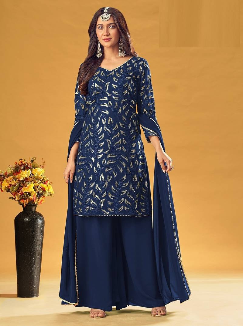 blue georgette embroidered & sequined semi stitched suit