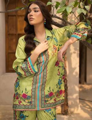 lime green rayon printed semi stitched suit 4