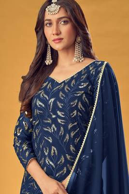 blue georgette embroidered & sequined semi stitched suit 2