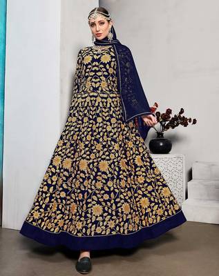 blue georgette embroidered & plastic mirror semi stitched suit 1