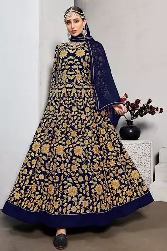 blue georgette embroidered & plastic mirror semi stitched suit