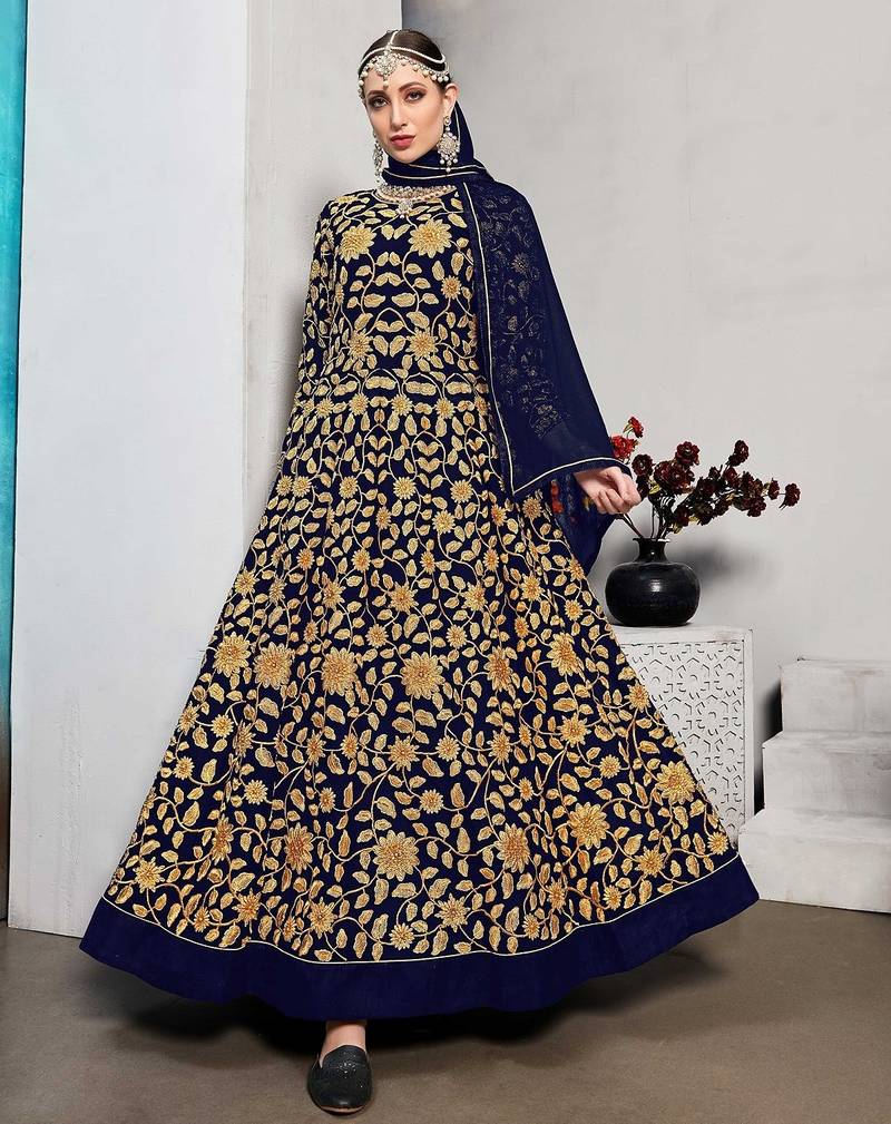 blue georgette embroidered & plastic mirror semi stitched suit