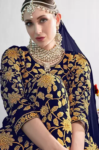blue georgette embroidered & plastic mirror semi stitched suit