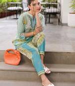 sky blue rayon printed semi stitched suit