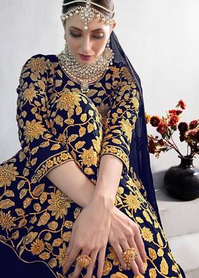 blue georgette embroidered & plastic mirror semi stitched suit 4