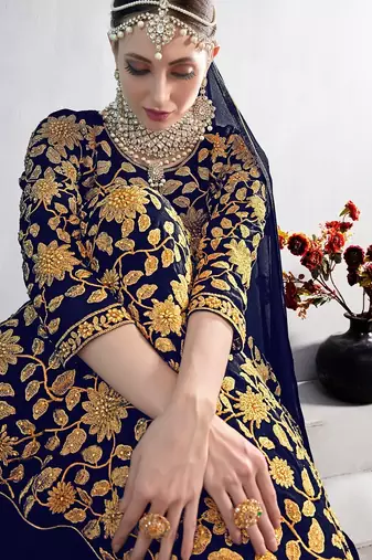 blue georgette embroidered & plastic mirror semi stitched suit