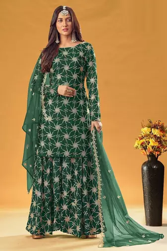 green georgette embroidered & sequined semi stitched suit
