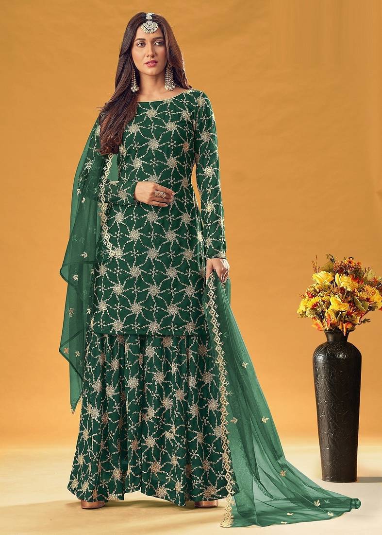 green georgette embroidered & sequined semi stitched suit