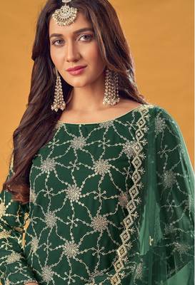 green georgette embroidered & sequined semi stitched suit 2