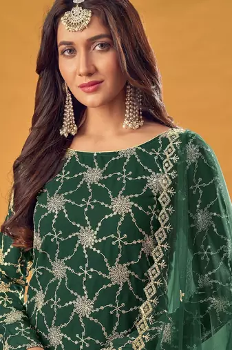 green georgette embroidered & sequined semi stitched suit