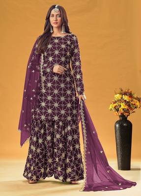 purple georgette embroidered & sequined semi stitched suit 1