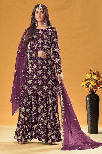 purple georgette embroidered & sequined semi stitched suit