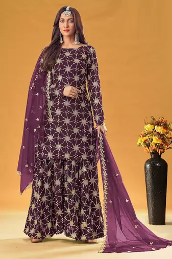 purple georgette embroidered & sequined semi stitched suit