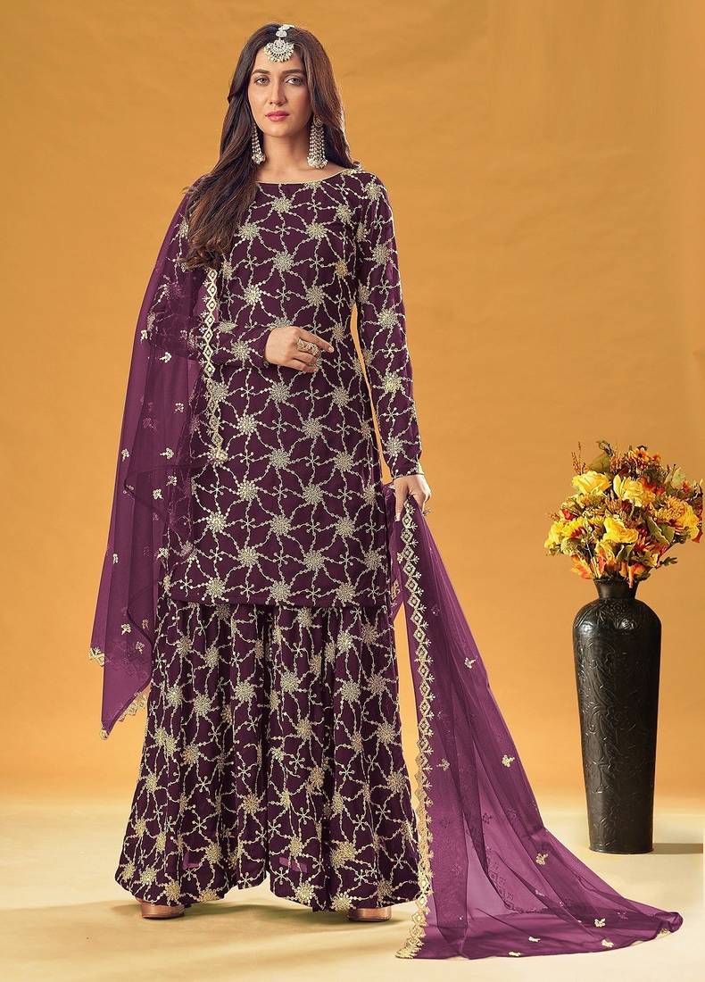 purple georgette embroidered & sequined semi stitched suit
