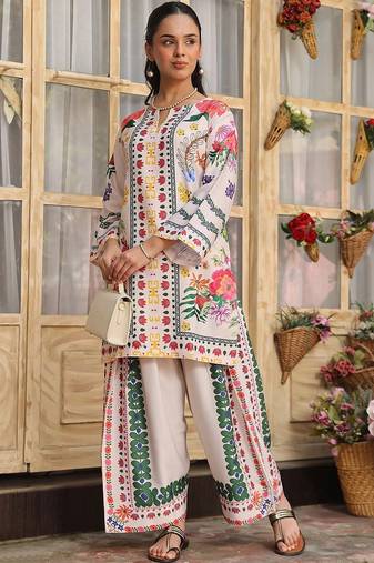 white rayon printed semi stitched suit