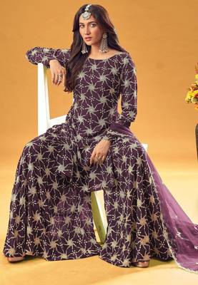 purple georgette embroidered & sequined semi stitched suit 3