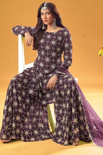 purple georgette embroidered & sequined semi stitched suit