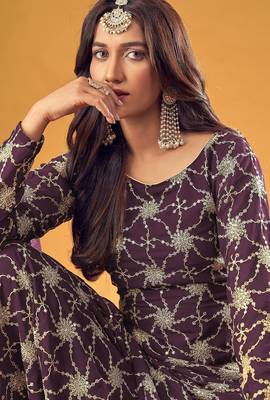 purple georgette embroidered & sequined semi stitched suit 4