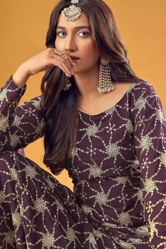 purple georgette embroidered & sequined semi stitched suit