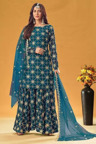 blue georgette embroidered & sequined semi stitched suit