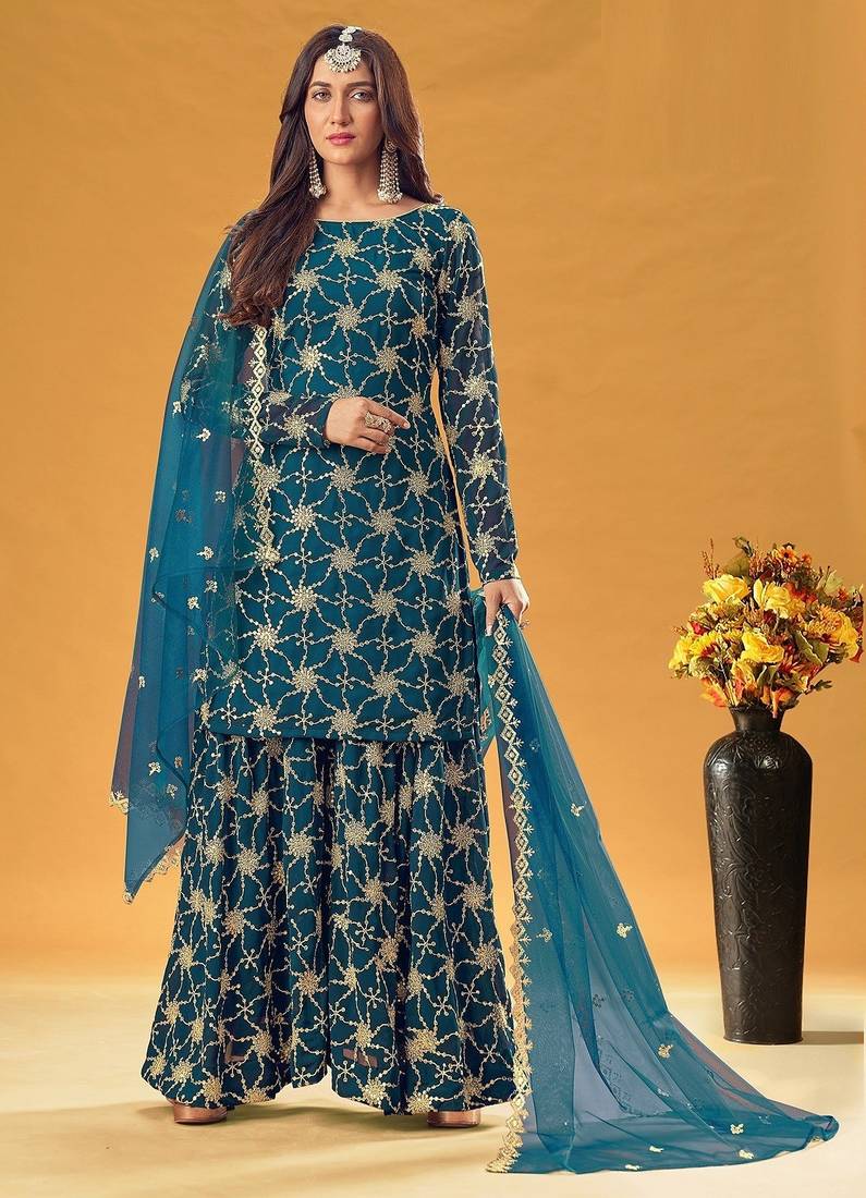 blue georgette embroidered & sequined semi stitched suit