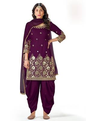 purple silk blend embroidered sequined & plastic mirror semi stitched suit 1