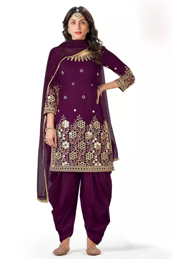 purple silk blend embroidered sequined & plastic mirror semi stitched suit