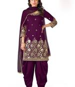 purple silk blend embroidered sequined & plastic mirror semi stitched suit
