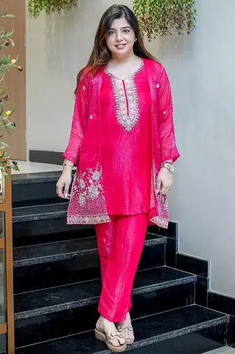 rani pink silk blend embroidery work semi stitched suit