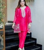 rani pink silk blend embroidery work semi stitched suit