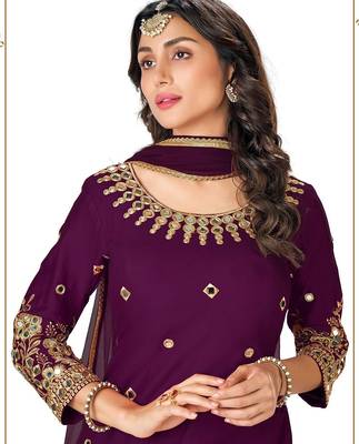 purple silk blend embroidered sequined & plastic mirror semi stitched suit 2