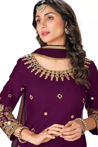 purple silk blend embroidered sequined & plastic mirror semi stitched suit