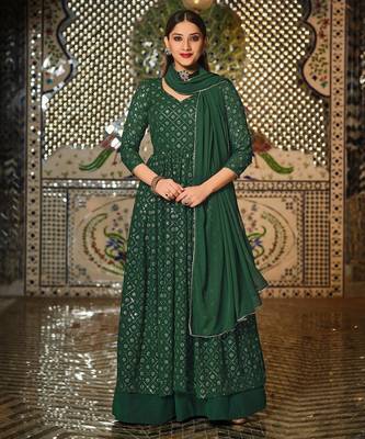 green georgette embroidered & sequined semi stitched suit 1