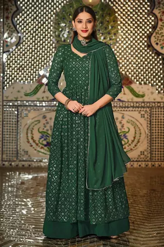 green georgette embroidered & sequined semi stitched suit