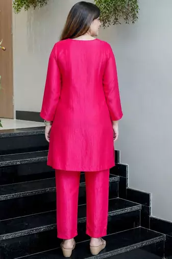 rani pink silk blend embroidery work semi stitched suit