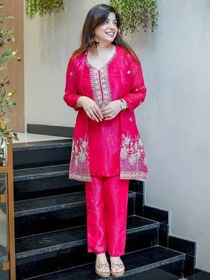 rani pink silk blend embroidery work semi stitched suit 4