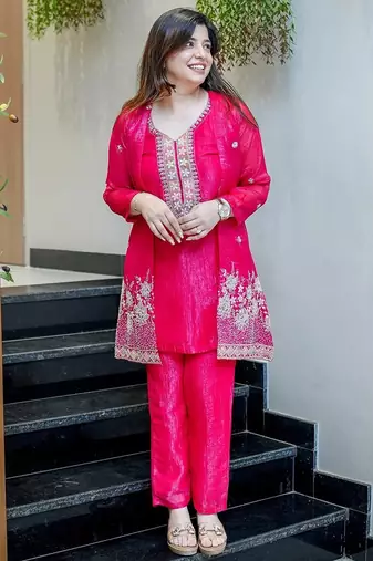 rani pink silk blend embroidery work semi stitched suit