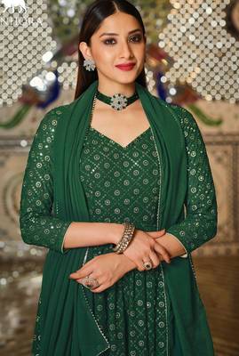 green georgette embroidered & sequined semi stitched suit 2