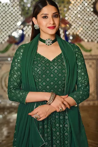 green georgette embroidered & sequined semi stitched suit