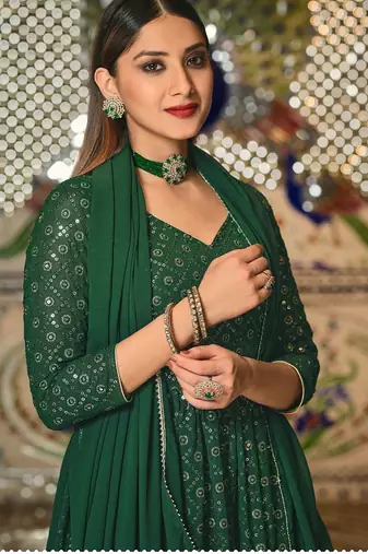 green georgette embroidered & sequined semi stitched suit