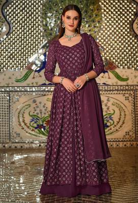 wine georgette embroidered & sequined semi stitched suit 1