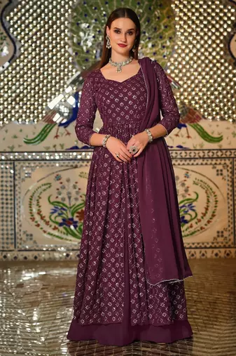 wine georgette embroidered & sequined semi stitched suit