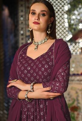 wine georgette embroidered & sequined semi stitched suit 2