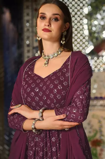 wine georgette embroidered & sequined semi stitched suit
