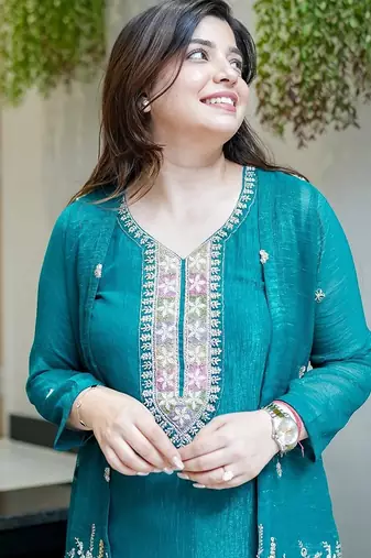 blue silk blend embroidery work semi stitched suit