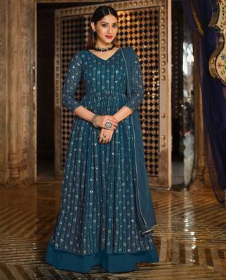 teal blue georgette embroidered & sequined semi stitched suit 1