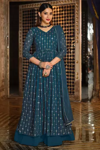 teal blue georgette embroidered & sequined semi stitched suit