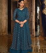 teal blue georgette embroidered & sequined semi stitched suit