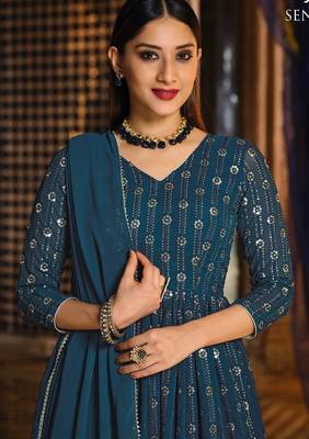 teal blue georgette embroidered & sequined semi stitched suit 2