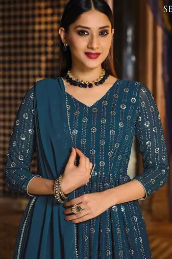 teal blue georgette embroidered & sequined semi stitched suit